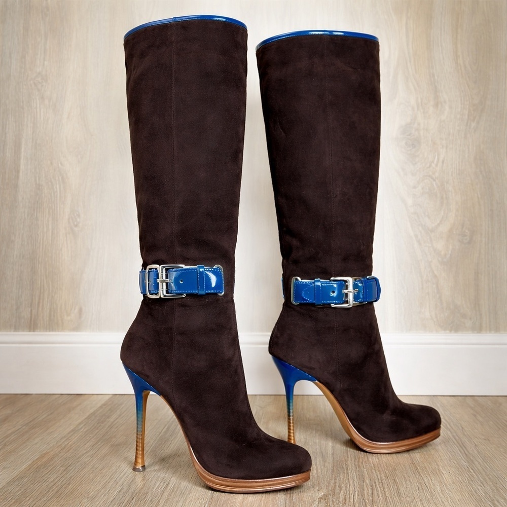 Gianmarco Lorenzi Brown Suede Knee High Boots Blue Patent Heel Size 39